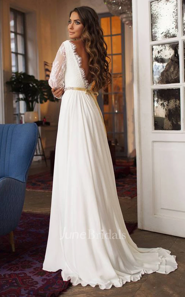 Modest A Line Taffeta Lace Bateau Long Sleeve Wedding Dress with Ribbon