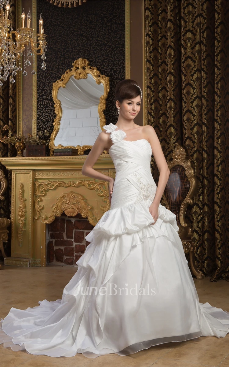 Sleeveless Ruched Pick-Up Gown with Appliques and Single Strap