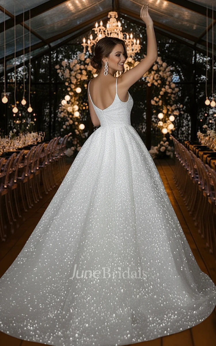 Sparkle Shiny A-Line Sequins Ball Gown Warm Wedding Dress Sexy Casual Elegant Spaghetti Strap Floor Length Sleeveless Low Back Bridal Gown with Court Train