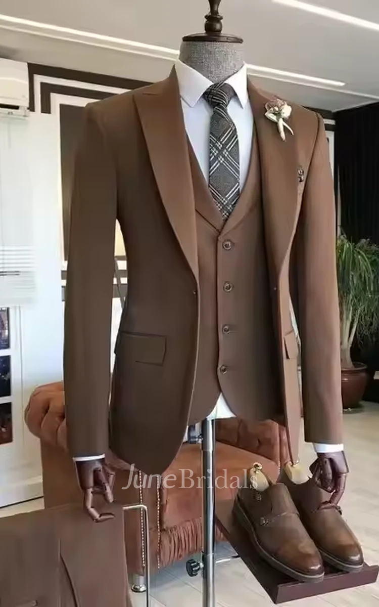 Modern Formal Brown Men's Three Piece Suit Single Breasted Peak Lapel Slim Fit Wedding Formal Suit Blazer Jacket Vest Pants