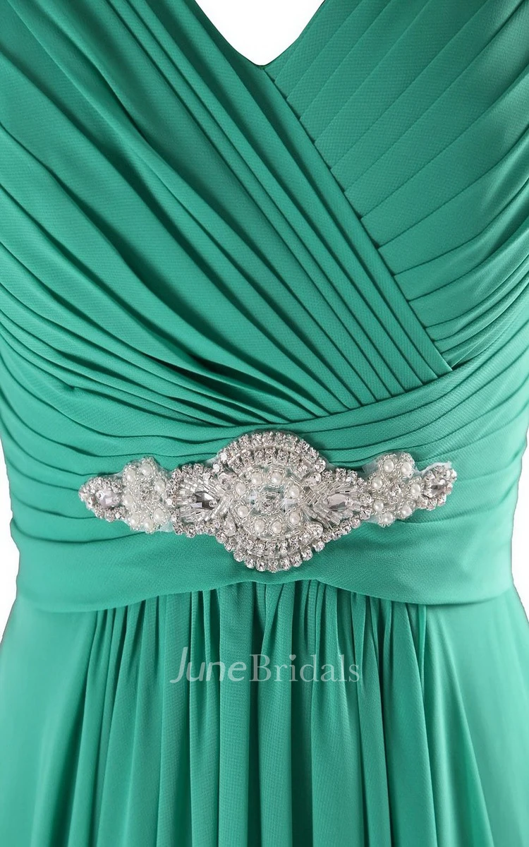 Sleeveless V-neck Empire Long Gown With Pearls