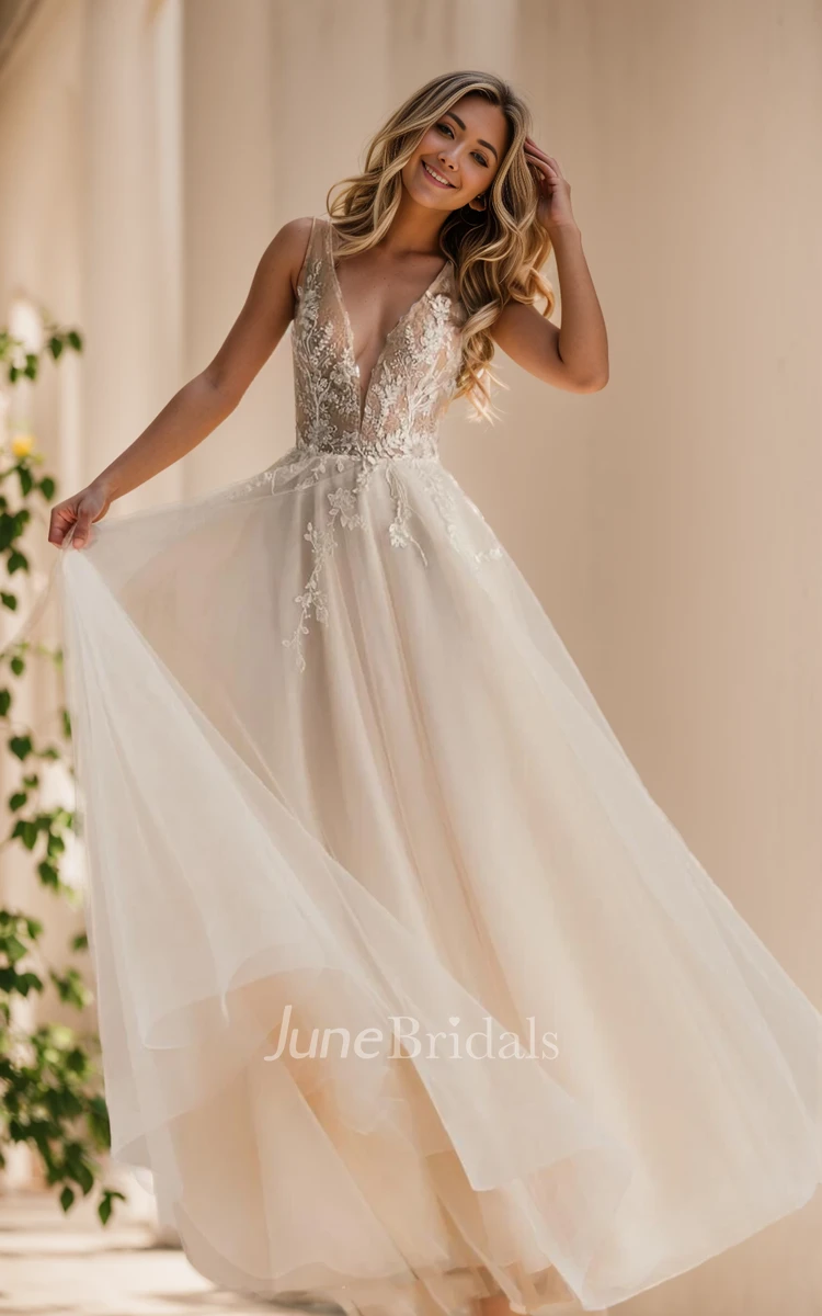 Ethereal Floral A-Line Boho Lace Plunging V-Neck Wedding Dress Vintage Fairy Unique Button Back Sleeveless Floor-Length Bridal Gown