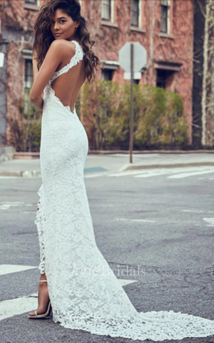 Sexy Backless Side Slit Lace Mermaid Long Evening Prom Dress