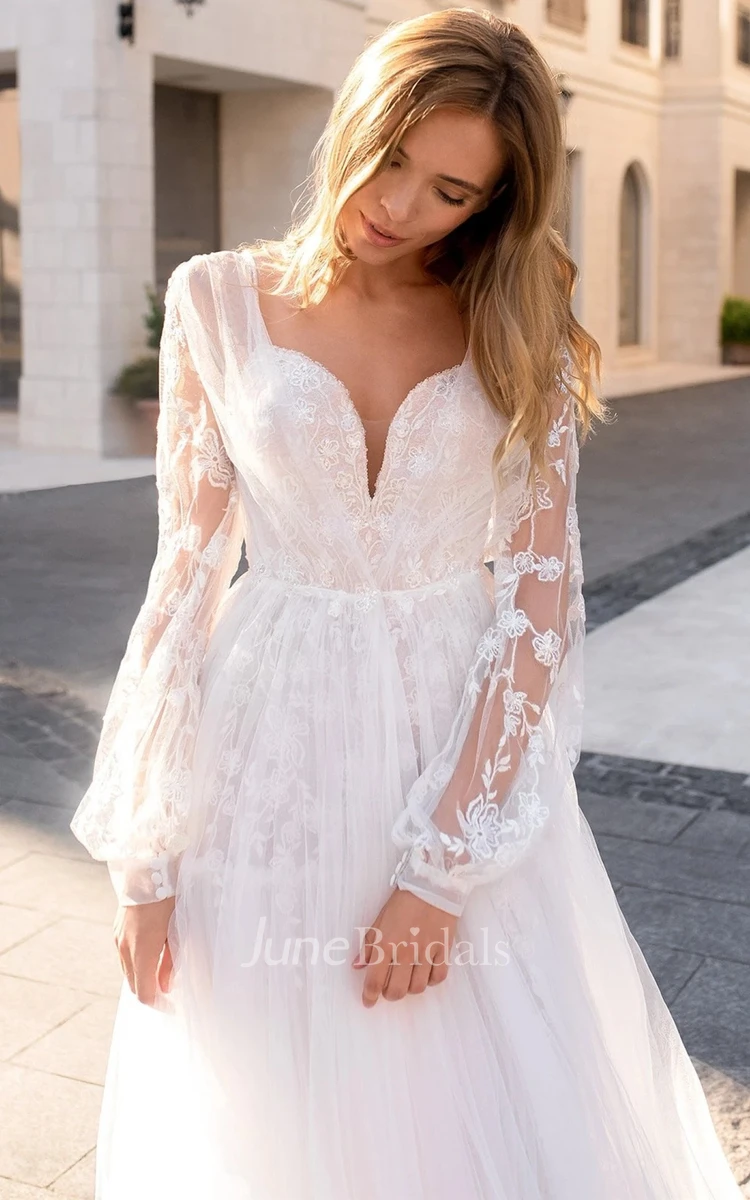 Bohemian A Line Plunging Neckline Tulle Wedding Dress with Appliques