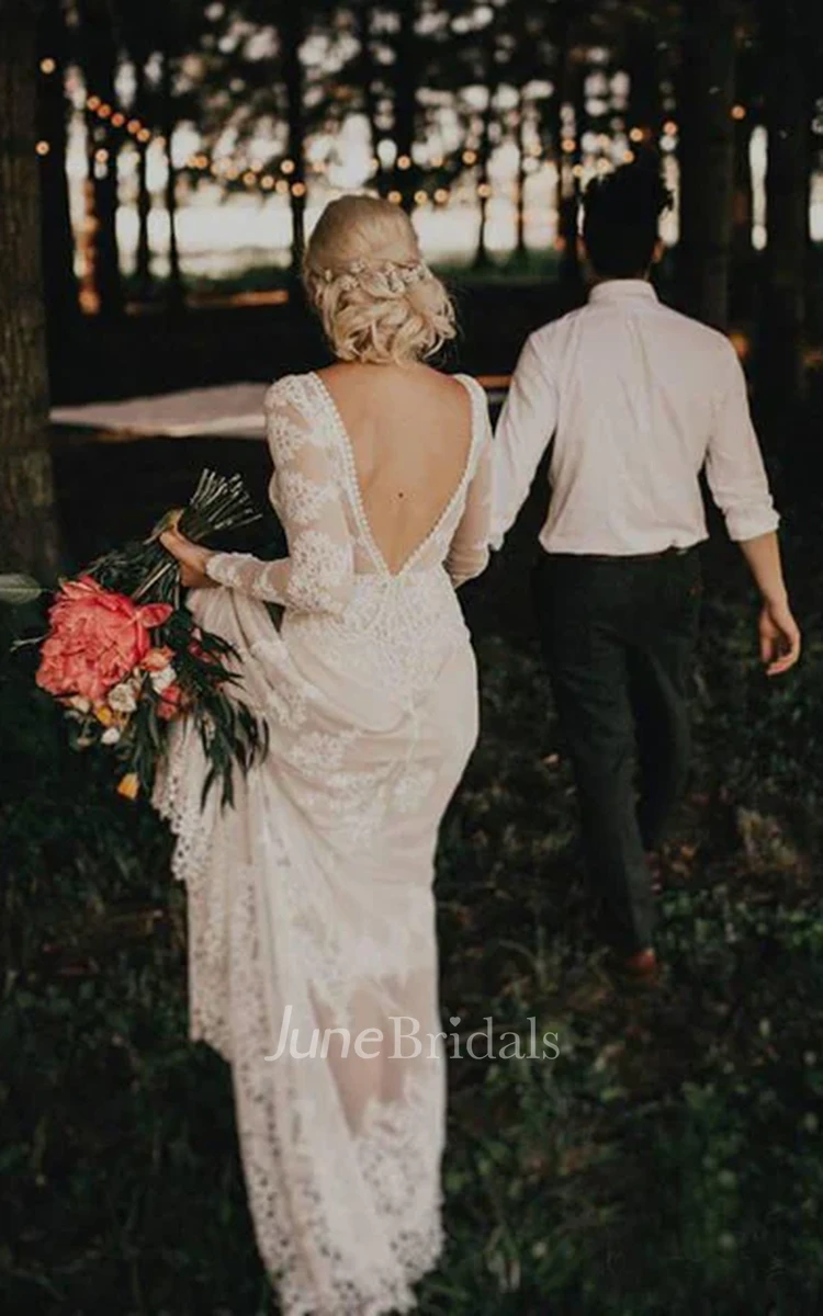 Fall Vintage Sheath Boho Lace Long Sleeve Wedding Dress Floral Casual Country Low Back High Neck Barn Bridal Gown with Sweep Train