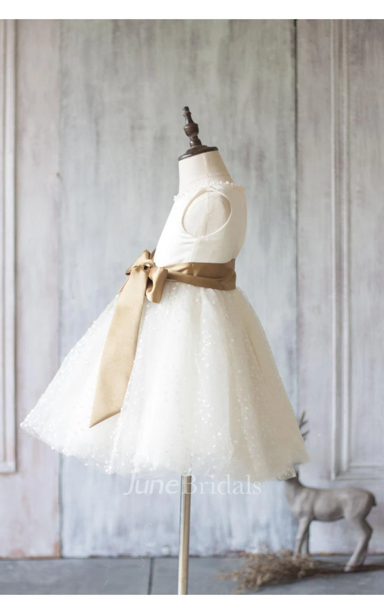 Off White Beading Neck a Line Dot Knee Length Tulle Junior Bridesmaid Dress