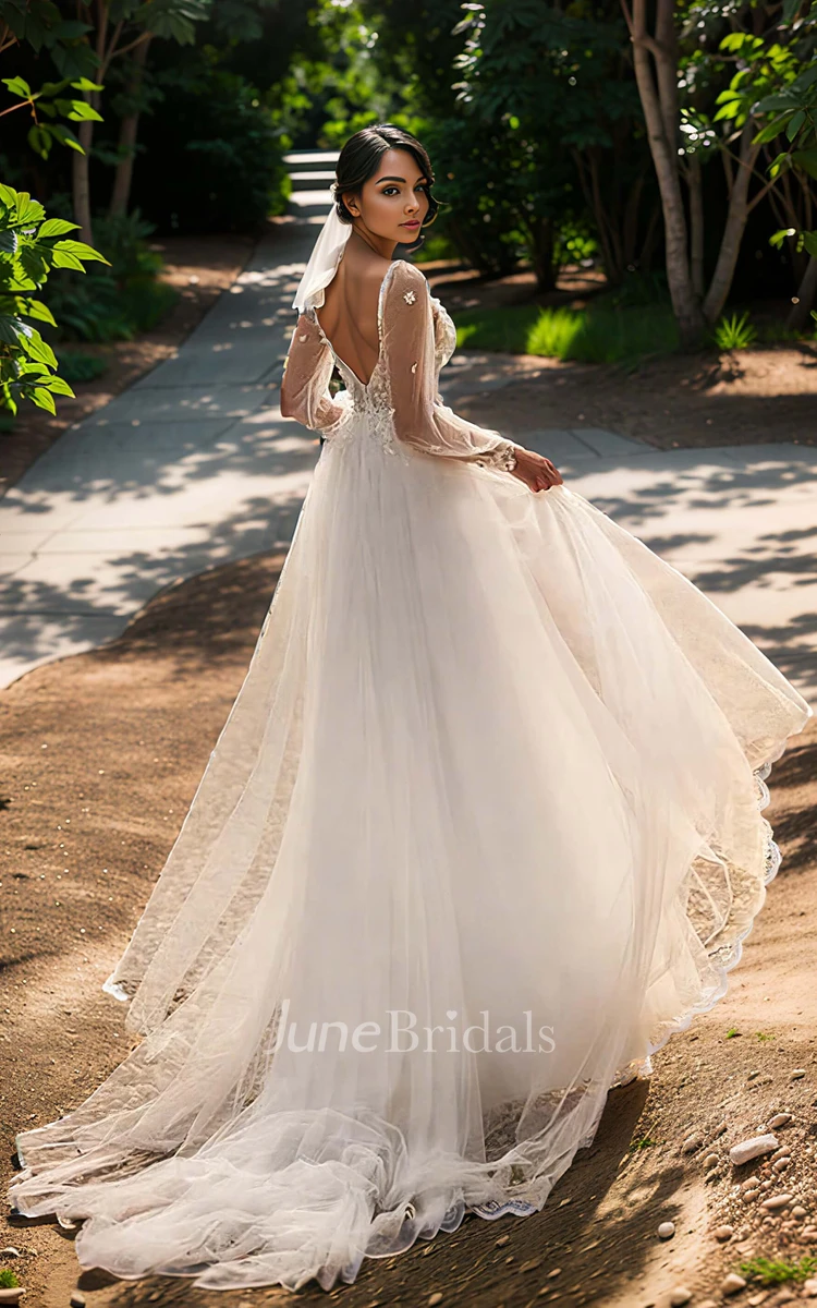 Romantic Ethereal Plunging Neckline Floor-length A-Line Lace Appliques Tulle Wedding Dress Sexy Elegant Spaghetti Long Sleeve Split Front Deep-V Back Bridal Gown