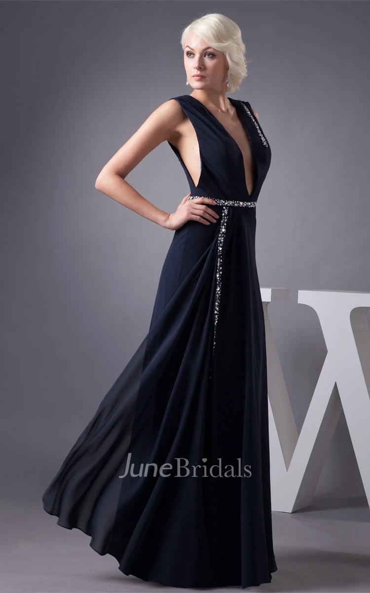 Plunged Caped-Sleeve Chiffon Maxi Dress with Gemmed Waist
