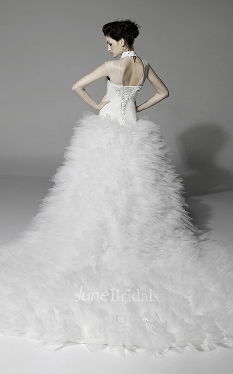 Magnificent Ruffle Tulle Gown With Tiered Organza Skirt and Jeweled Waist