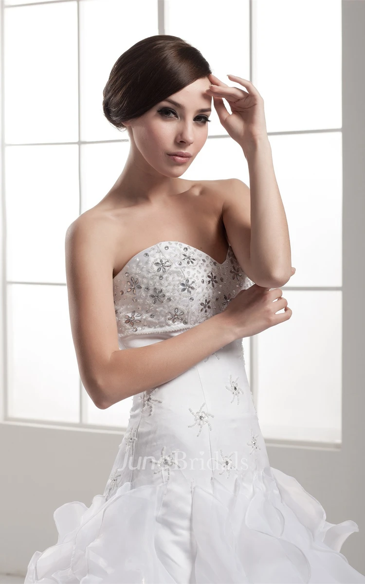 Strapless A-Line Appliqued Gown with Jewels and Ruffles