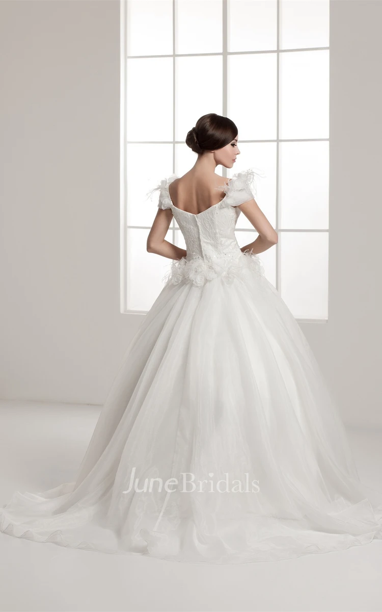 Off-The-Shoulder A-Line Ball Gown with Beading and Floral Waist