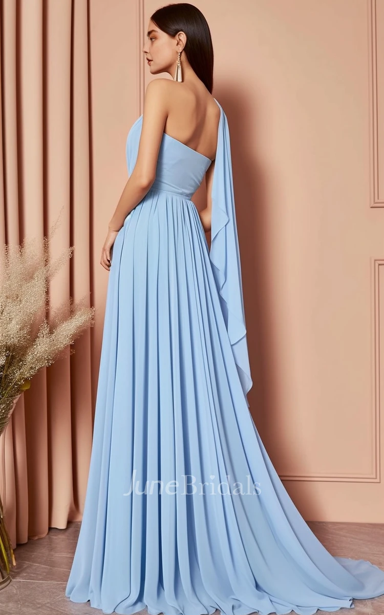 Chiffon Sleeveless 2023 A-Line Bridesmaid Dress with Split Front Floor-length Sweep Train One-shoulder Casual Sexy 