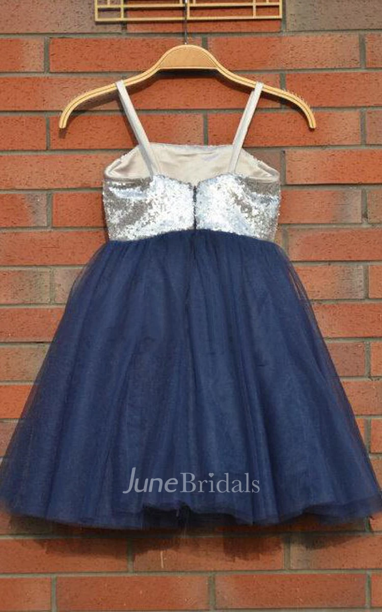 Knee-length Tulle Dress With Sequins&Flower