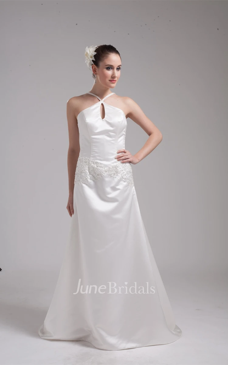 Sleeveless Satin Sheath Dress with Appliques and Brush Train