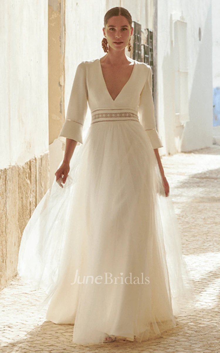 Modern A-Line V-neck Floor-length Satin and Tulle Wedding Dress