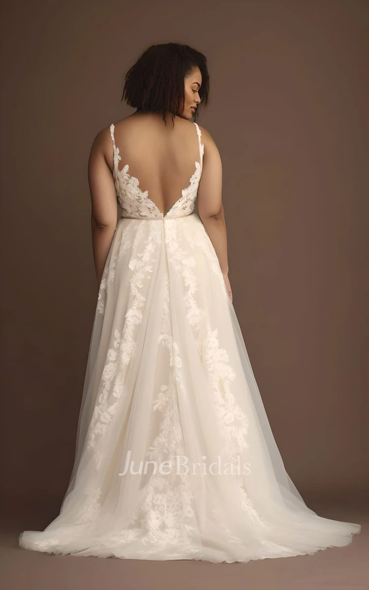 A-Line Plus Size Lace Tulle Sleeveless Wedding Dress with Appliques 2024 Spaghetti Sexy Bohemian Elegant Romantic