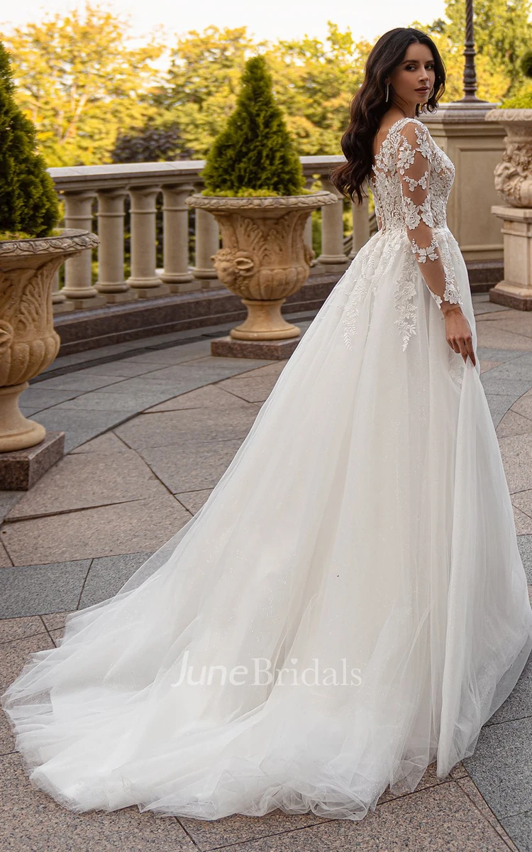 Simple A Line Plunging Neck Tulle Court Train Wedding Dress with Appliques