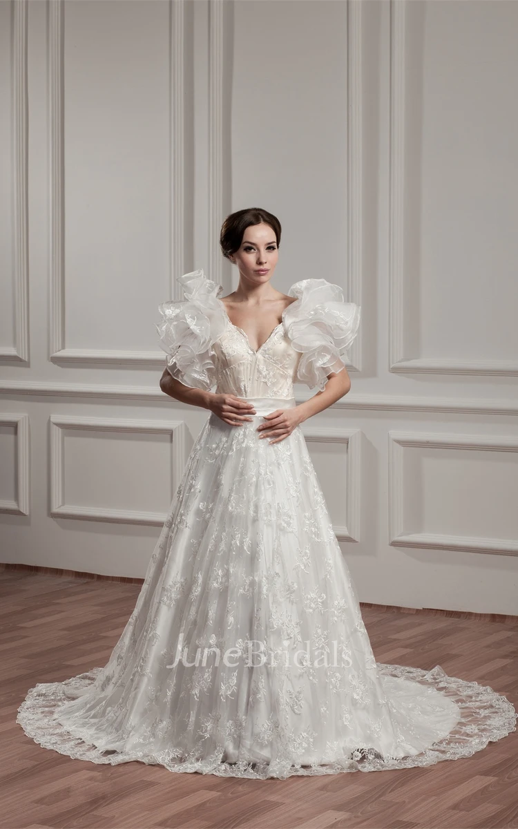 Plunged Ruffled A-Line Gown with Lace and Court Train