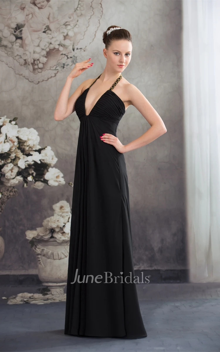Sexy Sleeveless Deep-V-Neck Ruched A-Line Dress with Zipper Back