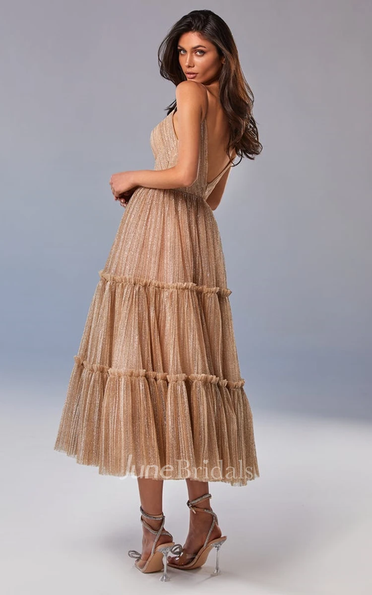 A Line Spaghetti Neck Sleeveless Tulle Tea-length Prom Dress