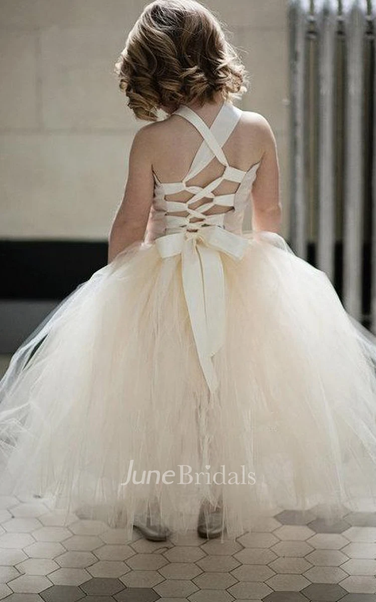 Halter Pleated Champagne Tutu Tulle Dress With Straps