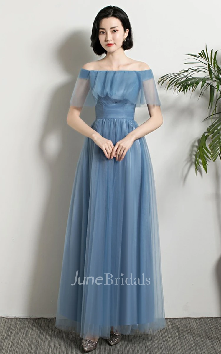Elegant Tulle Off-the-shoulder V-neck One-shoulder A Line Formal Dress With Ruching