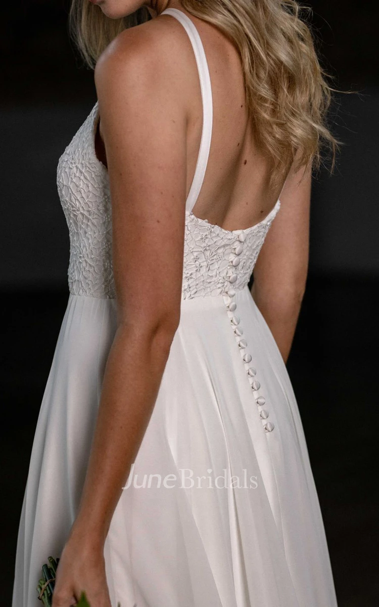 Ethereal Lace Chiffon Halter A Line Floor-length Open Back Wedding Dress