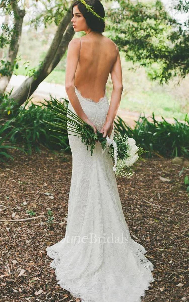 Floral Beach Mermaid Boho Lace Wedding Dress Elopement Country Sexy Spaghetti Straps Backless Court Train Bridal Gown