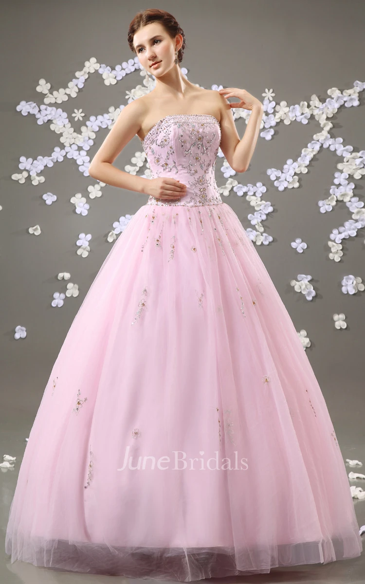 Strapless A-Line Blushing Ball Gown With Crystal Detailing And Soft Tulle