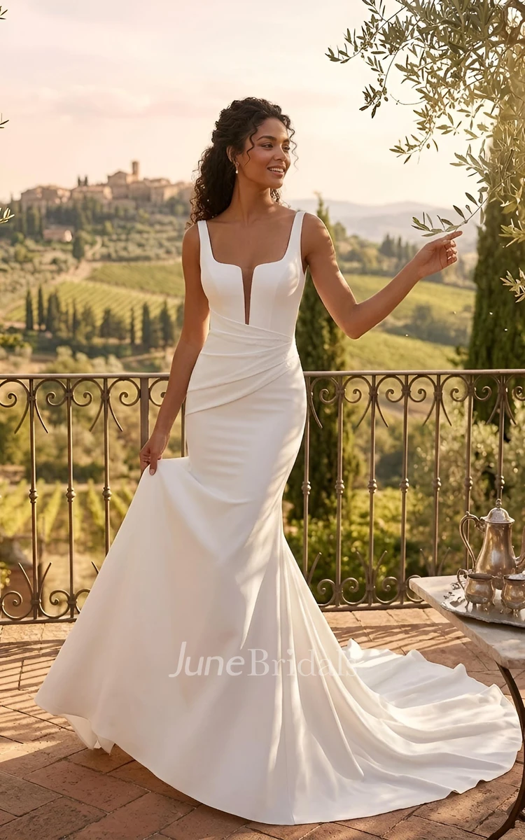 Minimalist Square Neck Mermaid Satin Wedding Dress Modern Sleeveless Solid Pleated Bridal Gown