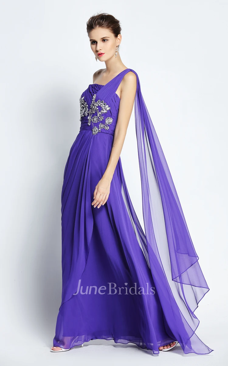 A-Line One-shoulder Sleeveless Floor-length Chiffon Prom Dress with Open Back and Beading