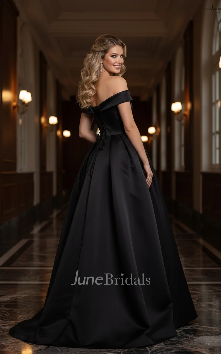 Simple Modest Black A-Line Off-the-Shoulder Long Spring Wedding Dress Casual Gorgeous Satin Evening Party Gown with Slit