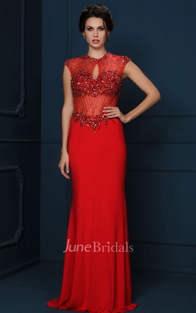 Sheath Floor-Length Crystal Cap-Sleeve Jewel-Neck Jersey Evening Dress