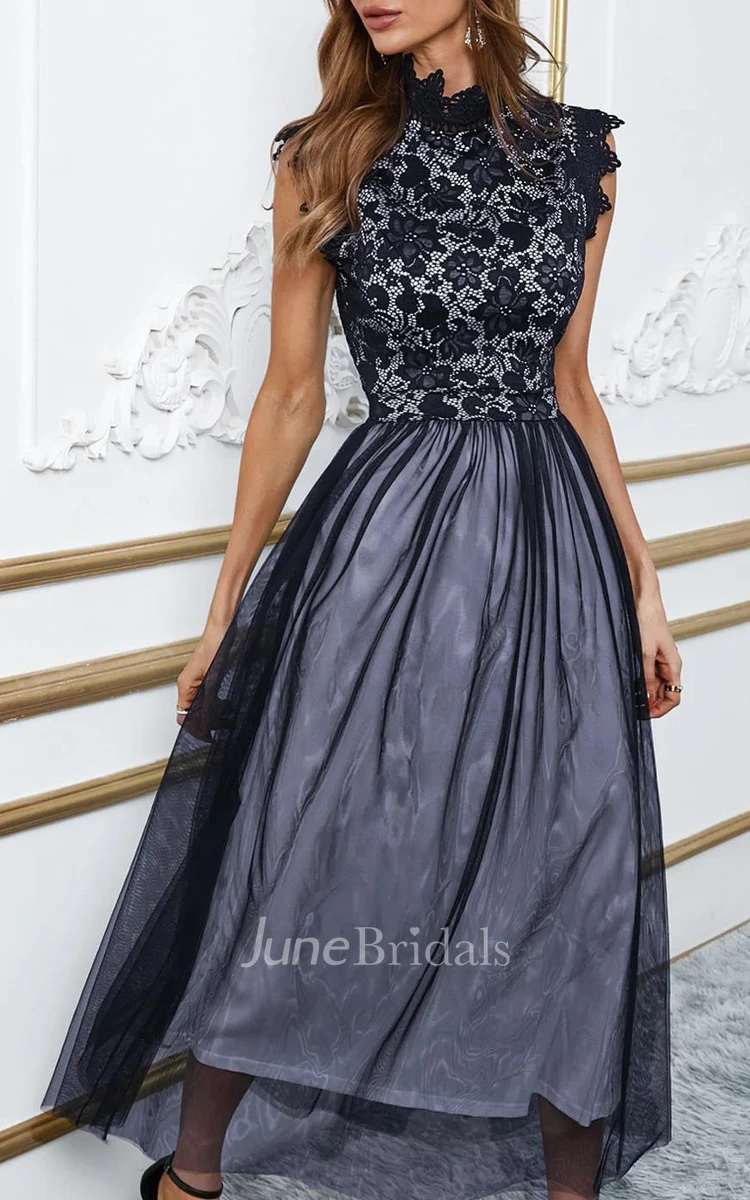 Vintage Ankle-length A-Line Tulle Prom Dress With High Neck And Zipper Back