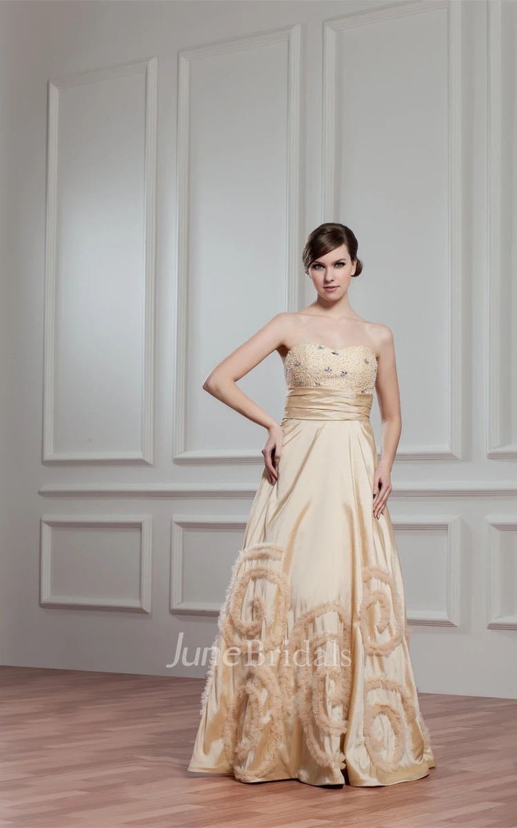 Sweetheart Pleated A-Line Gown with Ruffles and Beaded Top