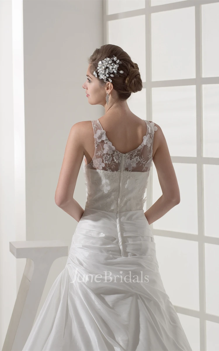 Floral Sleeveless A-Line Appliqued Gown with Draping and Illusion Neckline