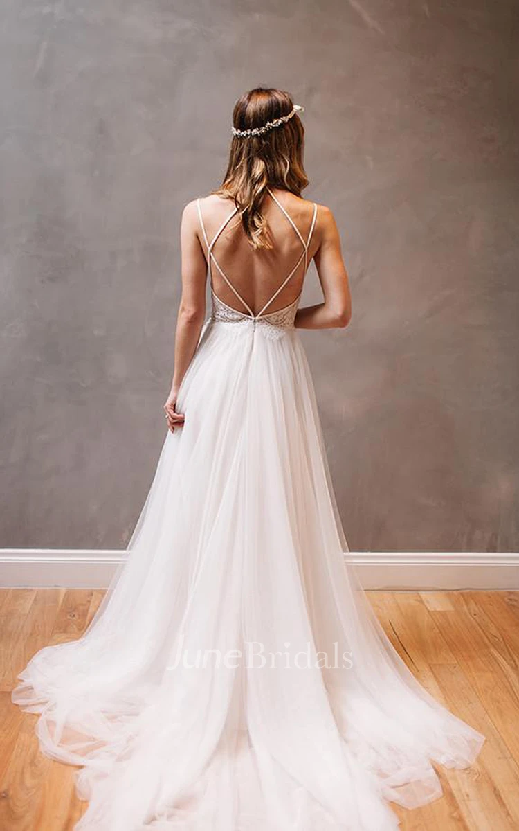 Sweetheart Straps Lace Tulle Wedding Dress with Beading