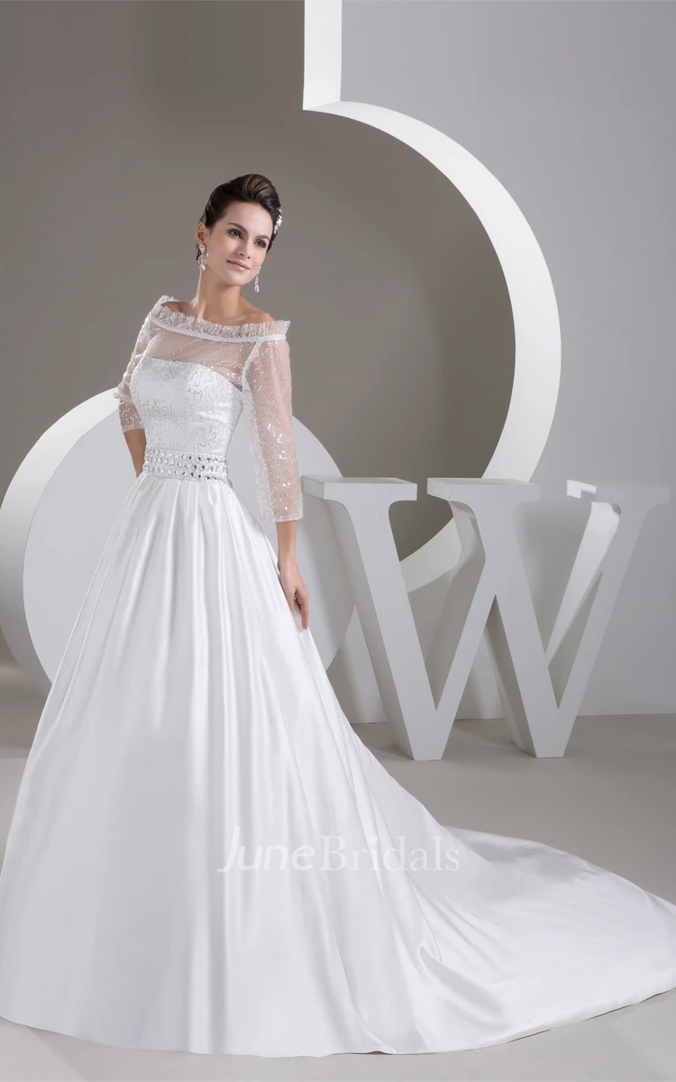 Off-The-Shoulder Satin A-Line Gown with Illusion and Gemmed Waist