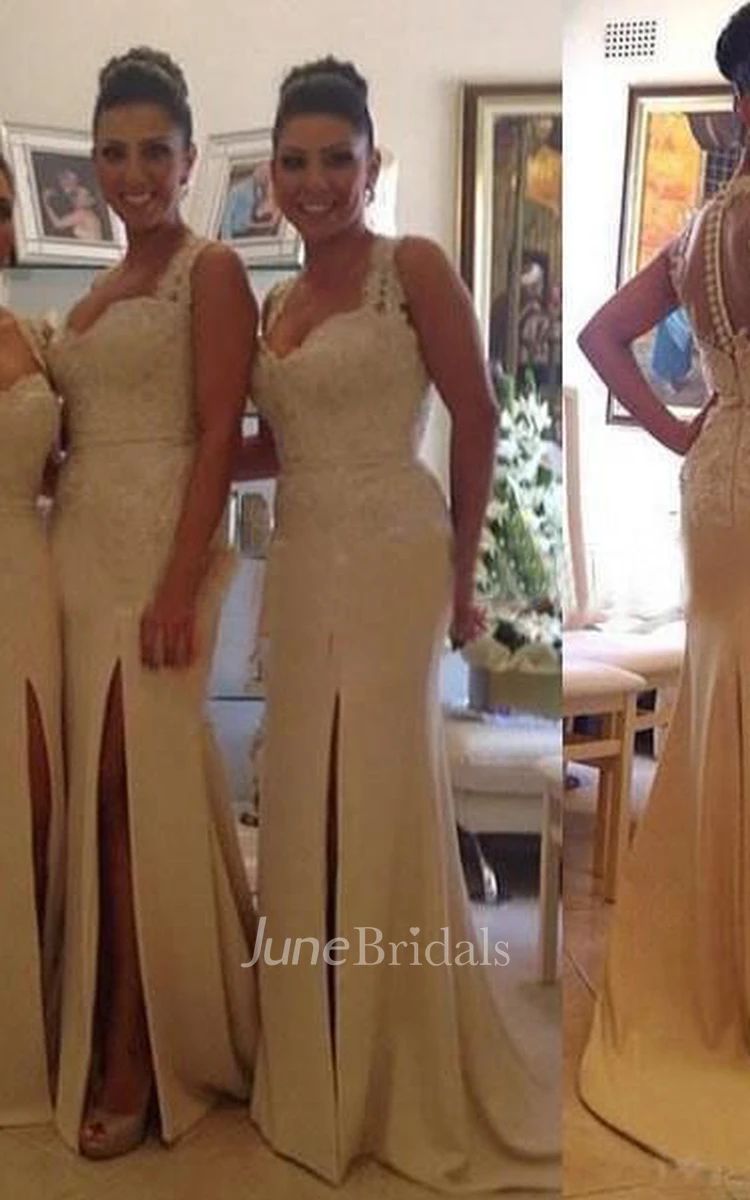 Gorgeous Sleeveless Lace Appliques Bridesmaid Dress Front Split Zipper Button Back