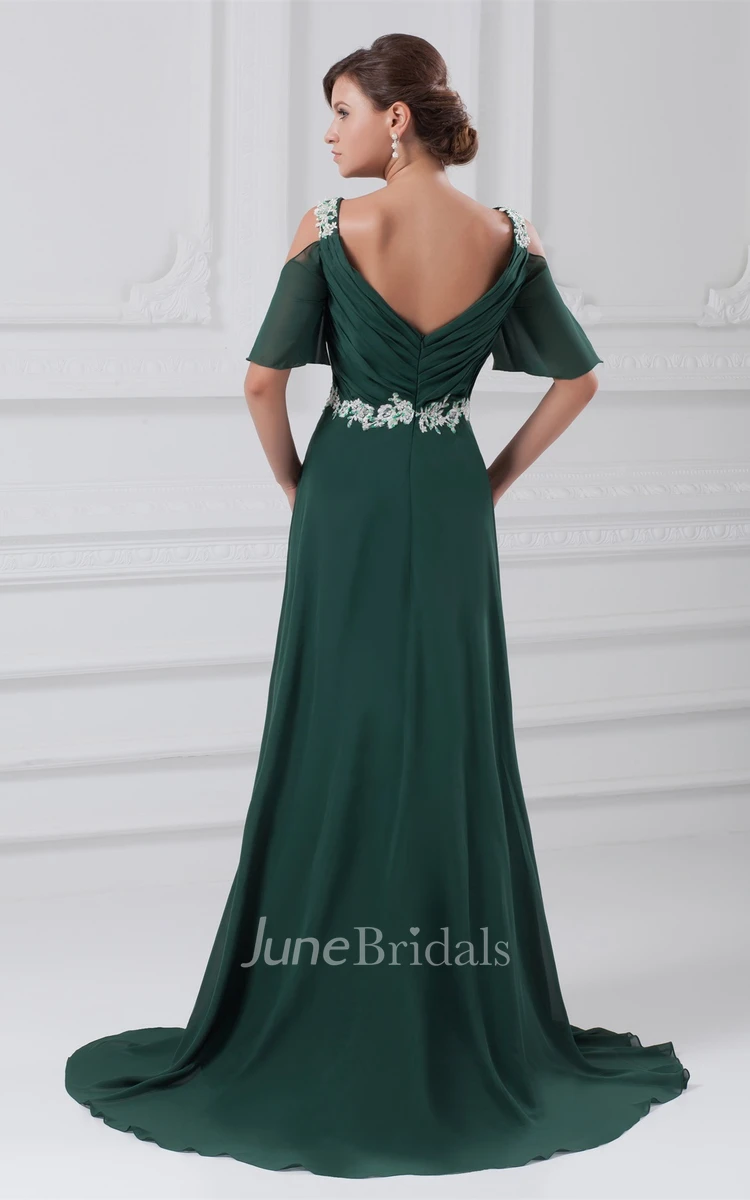 square-neck chiffon maxi ruched dress with appliqued waist