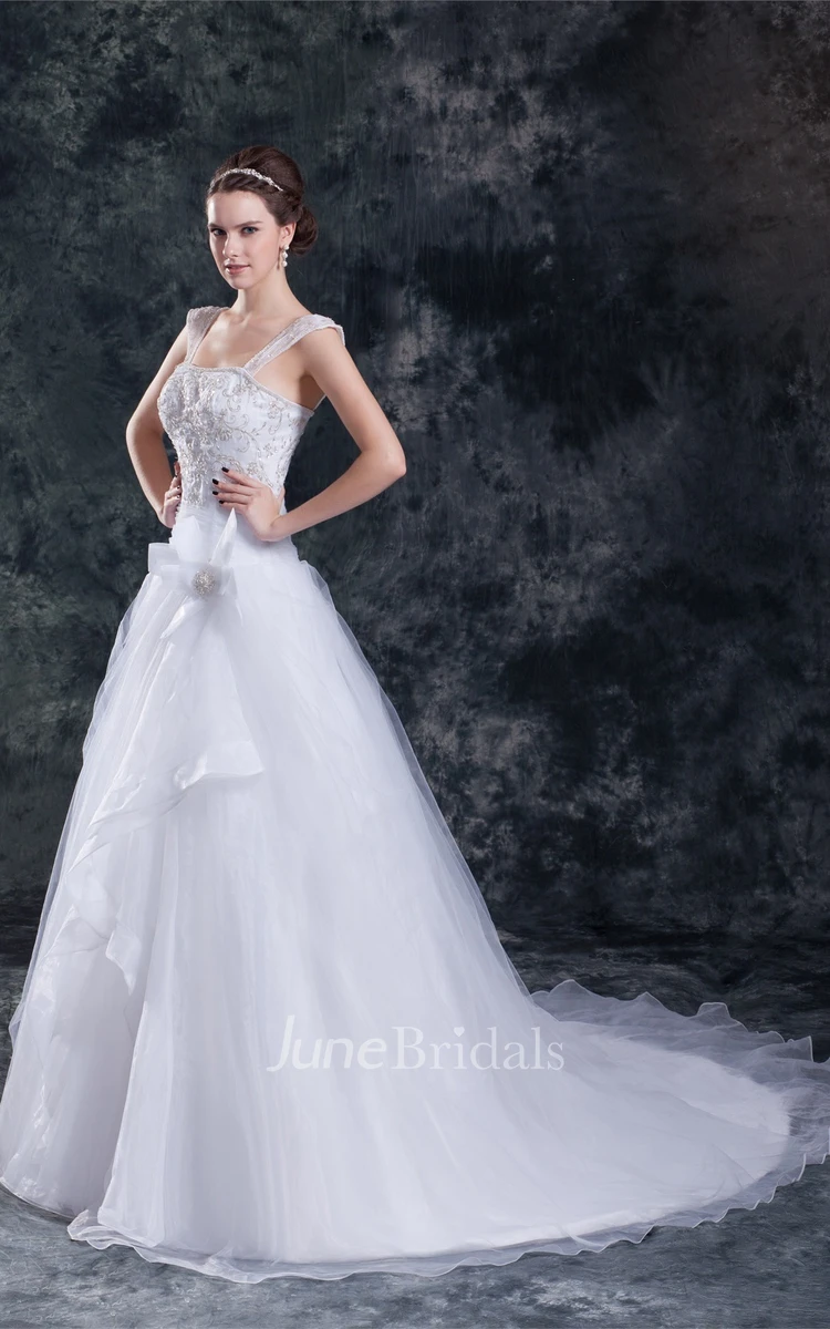 Caped-Sleeve Tulle A-Line Ball Gown with Beading and Embroideries