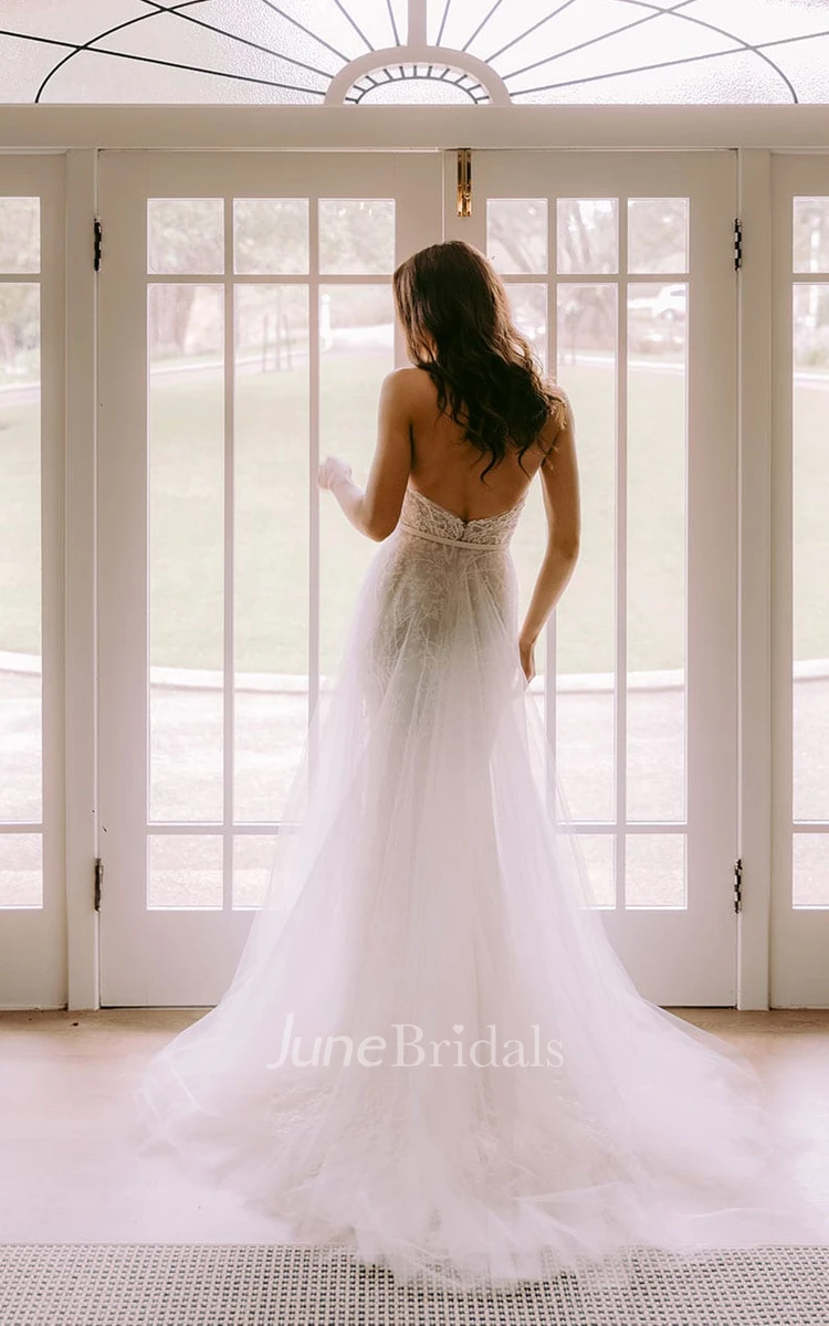 Simple A-Line Sweetheart Boho Lace Detachable Train Wedding Dress with Open Back and Court Train