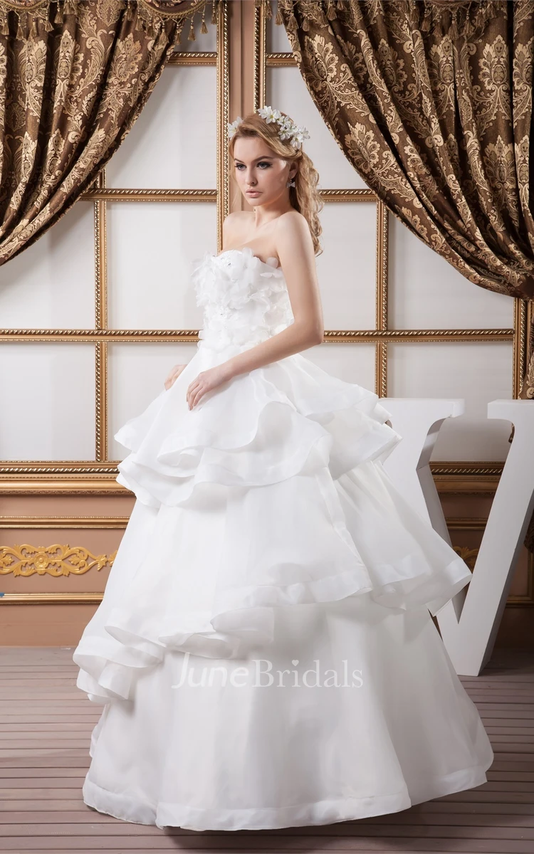 Strapless A-Line Tiered Ball Gown with Floral Top