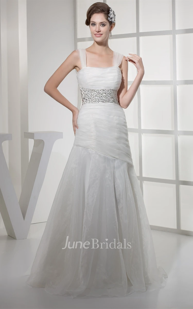 Strapped Mermaid Ruched Gown with Jeweled Waist