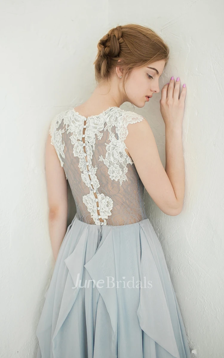 Jewel-Neck Sleeveless A-Line Chiffon Draped Dress With Lace Appliqued Top