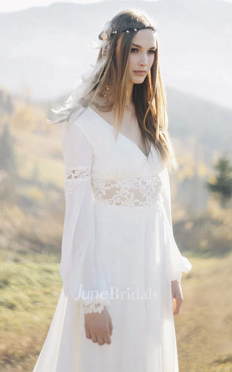 Chiffon Poet Long Sleeve Bohemian Plunging Wedding Dress With Lace Details And Front Split