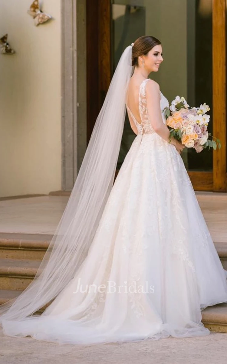 Casual Ball Gown V-neck Tulle Sweep Train Wedding Dress with Appliques