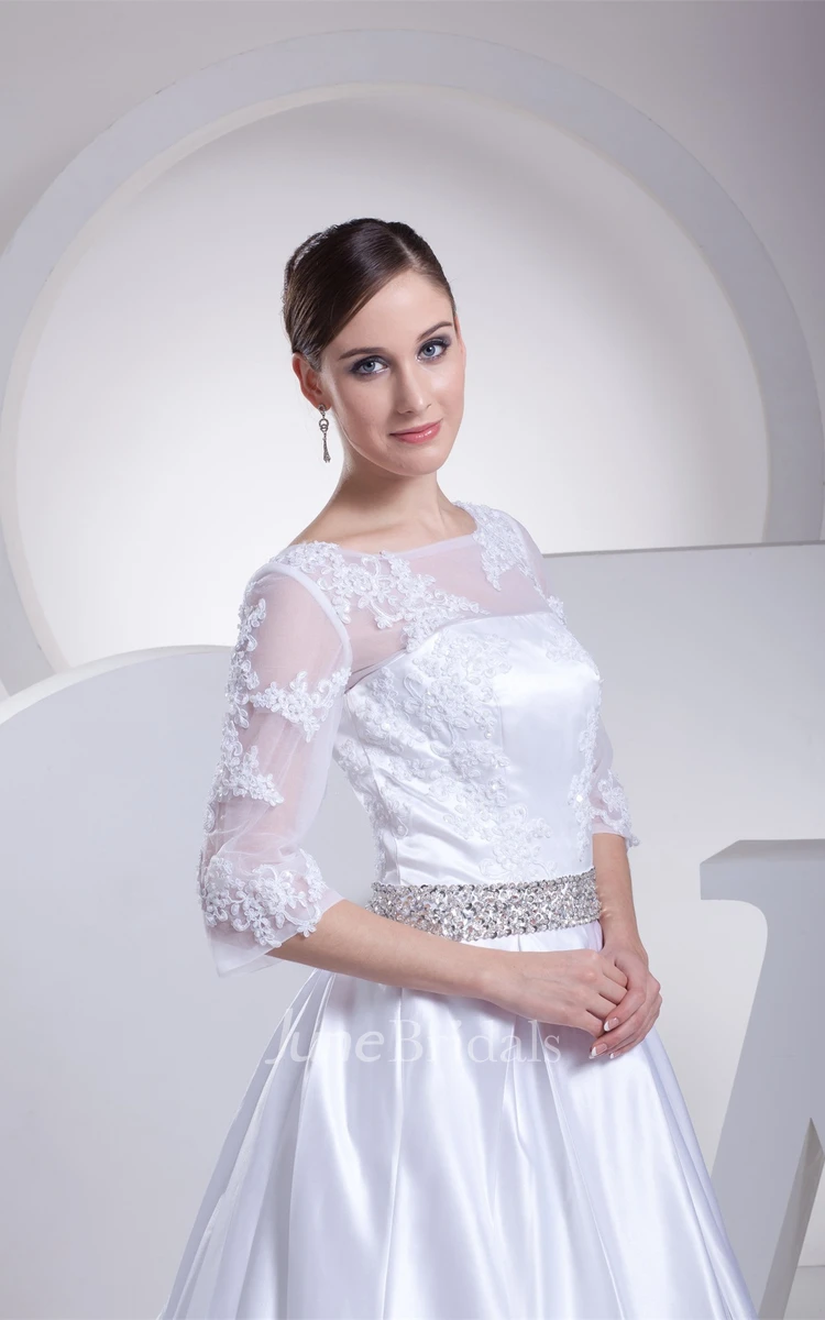 Long A-Line 3-4-Length Satin Sleeve Dress with Lace Illusion and Beading Belt