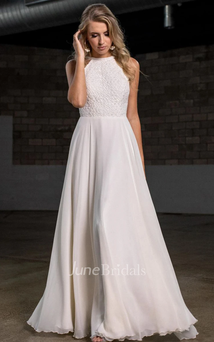 Ethereal Lace Chiffon Halter A Line Floor-length Open Back Wedding Dress