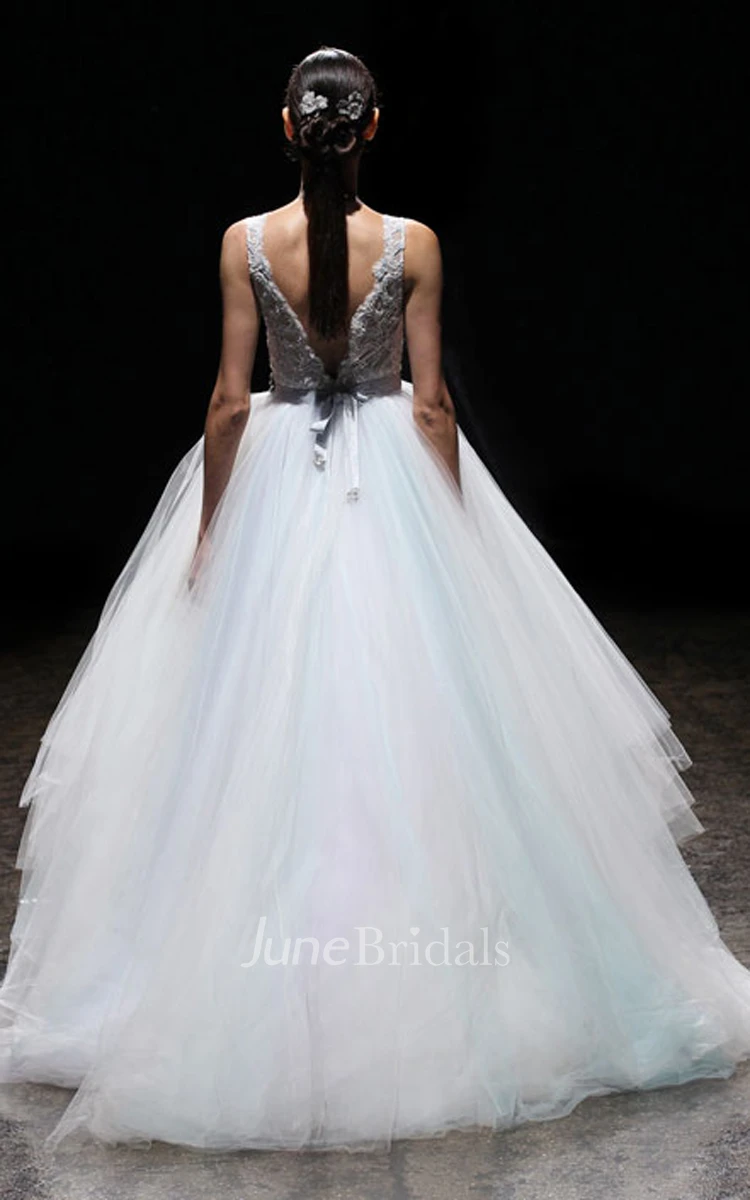 Magnificent Lace Bodice High-low Tiered Tulle Ball Gown With Crystal Belt